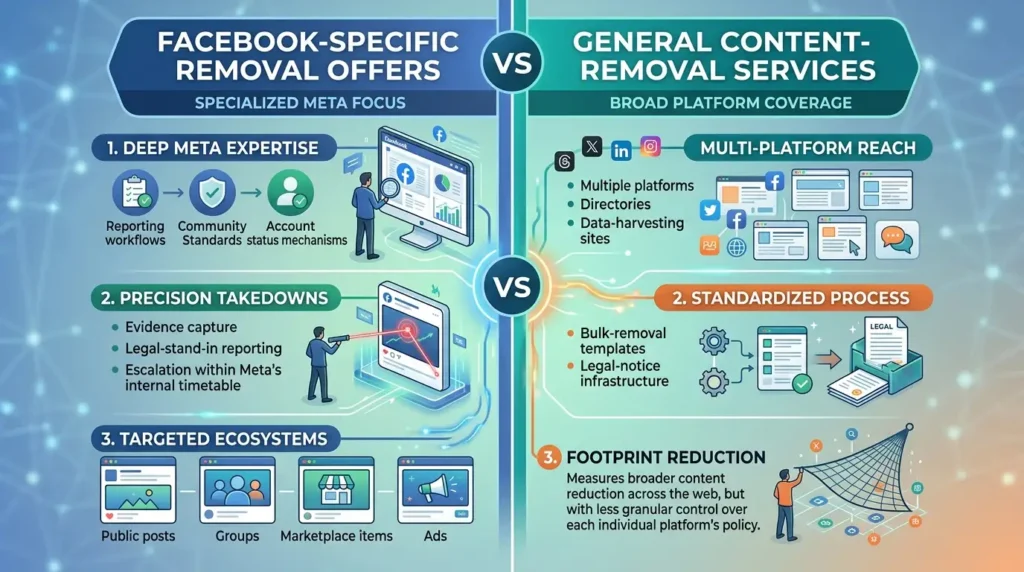 How do Facebook‑specific removal offers compare with general content‑removal services