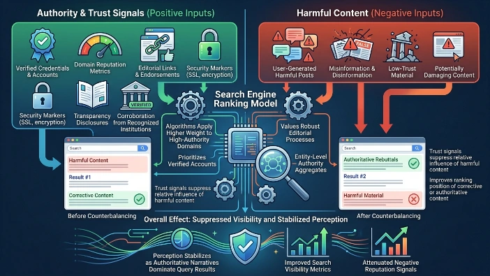 How do authority and trust signals counterbalance harmful content in search rankings