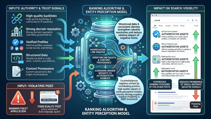How do authority and trust signals mitigate the effect of violating posts