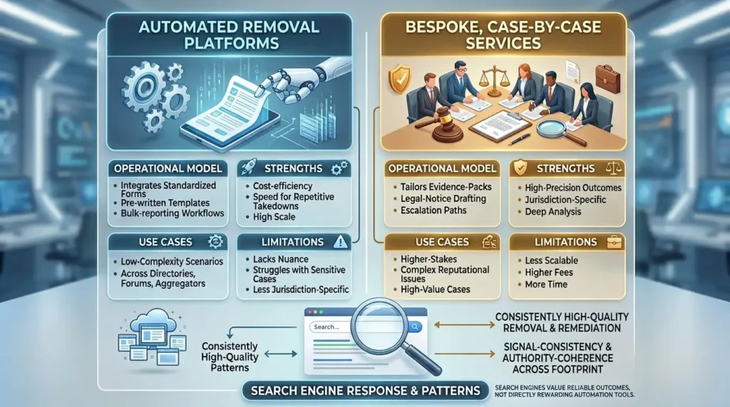 How do automated removal platforms compare with bespoke, case‑by‑case services