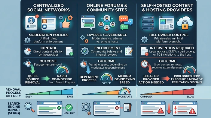 How do platform types (social networks, forums, hosting providers) change removal strategies?