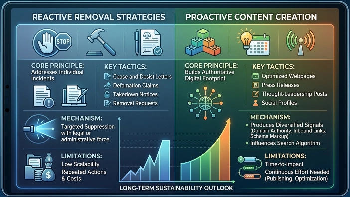 How do reactive removal strategies measure against proactive content creation for long-term sustainability