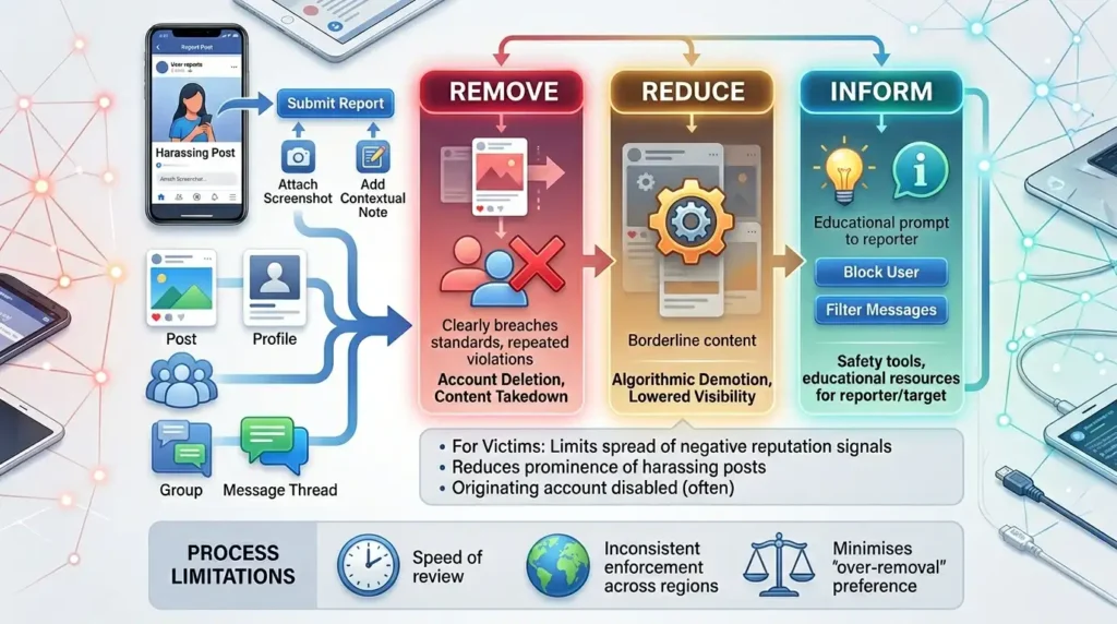 How does Facebook’s internal reporting‑and‑removal process work