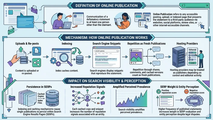 How does UK defamation law define publication for online content