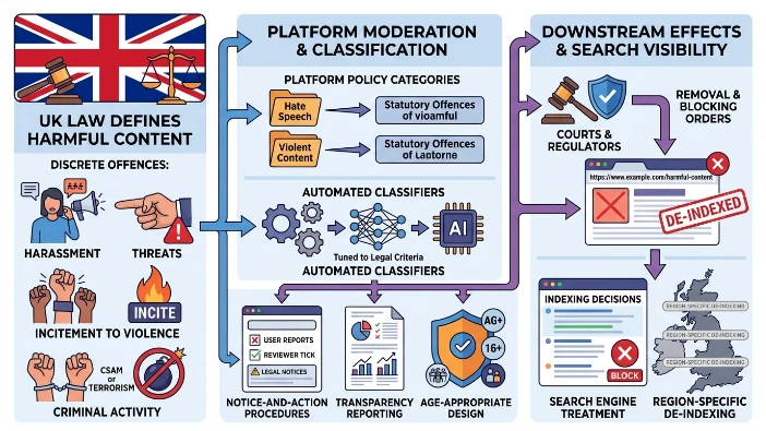How does UK law define and influence harmful content classifications on platforms