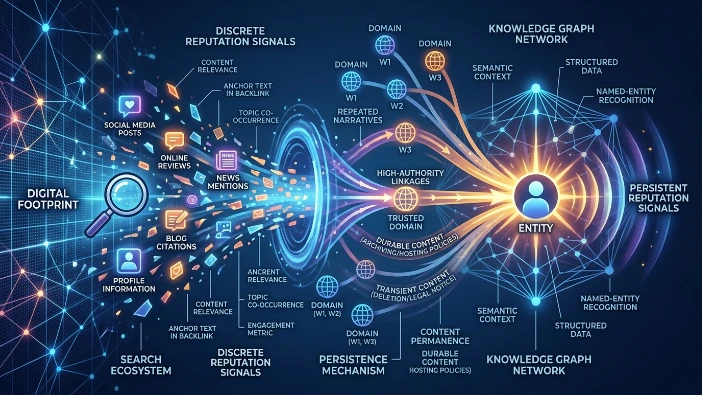 How does an entity’s digital footprint create persistent reputation signals