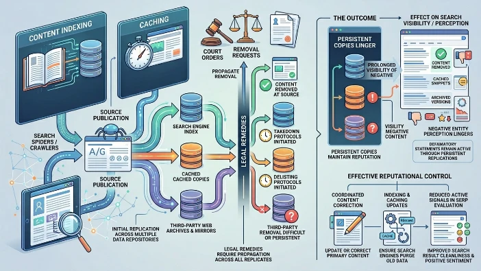 How does content indexing and caching interact with legal remedies and reputational control