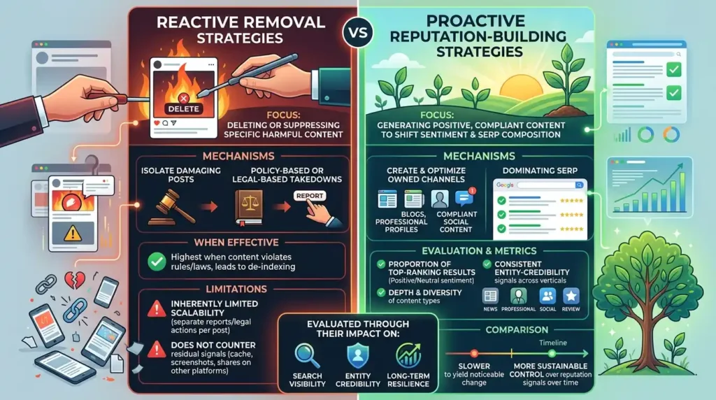 How effective are reactive removal versus proactive reputation‑building strategies