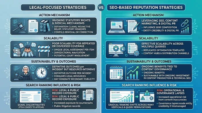 How scalable and sustainable are legal-focused strategies versus SEO-based reputation strategies
