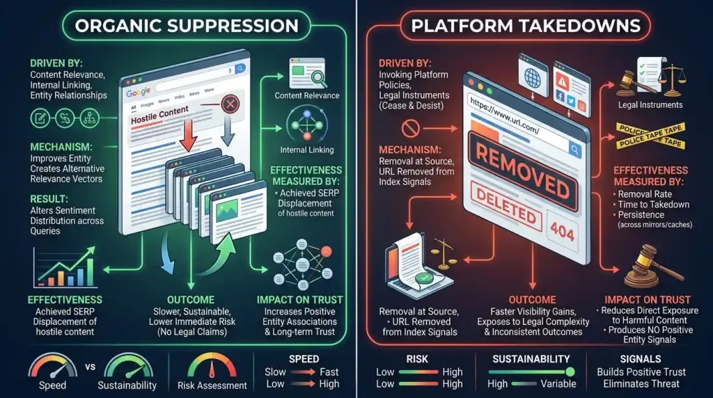 What is the effectiveness difference between organic suppression and platform takedowns?