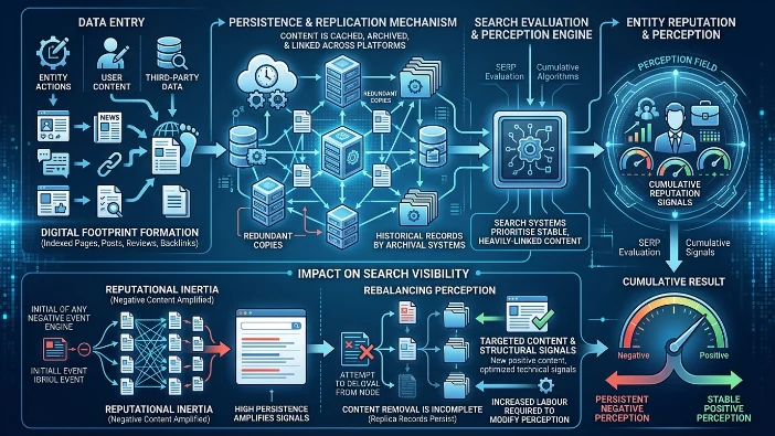 What is the relationship between digital footprint persistence and entity reputation