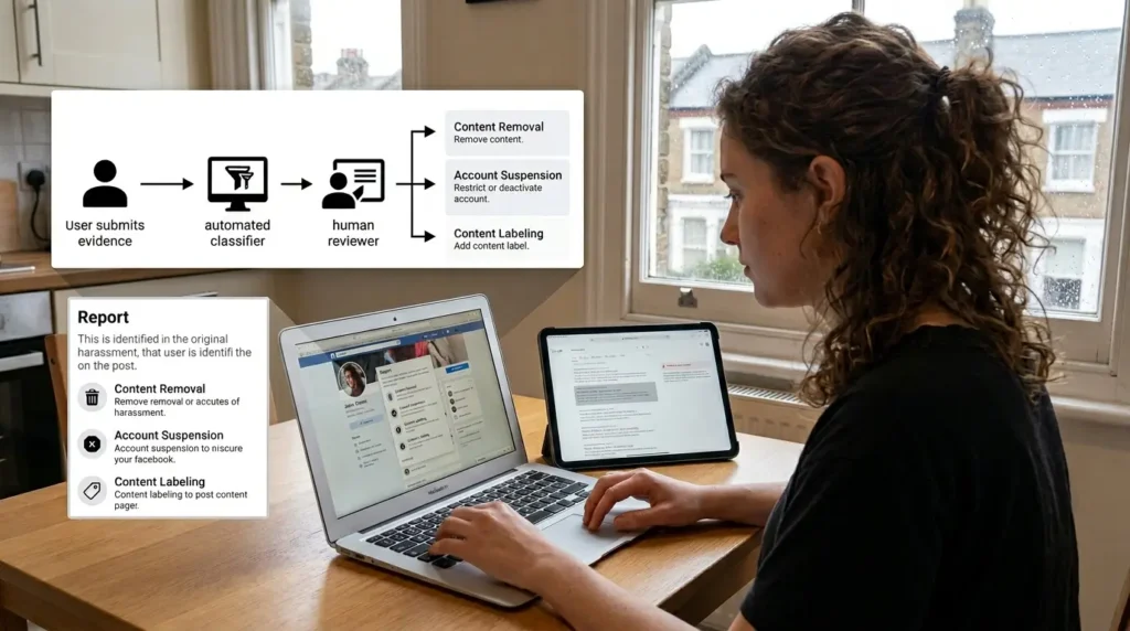 What platform-policy actions can UK users request when harassment occurs on Facebook