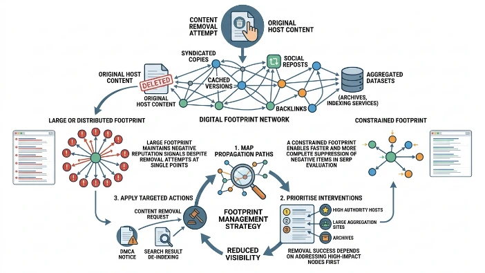 What role does the digital footprint play in content persistence after removal