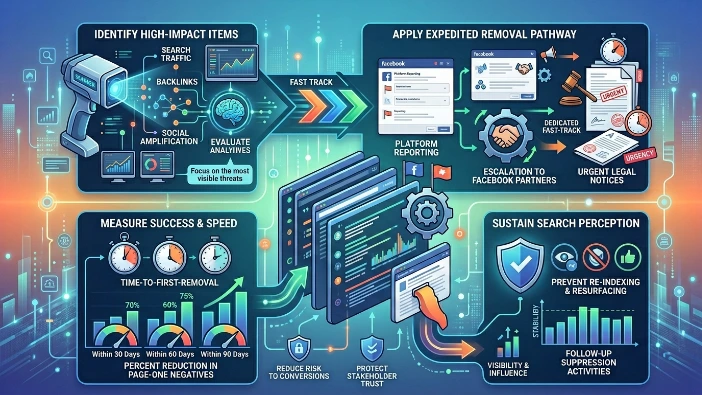 Which Facebook removal process ensures the quickest reduction in public visibility