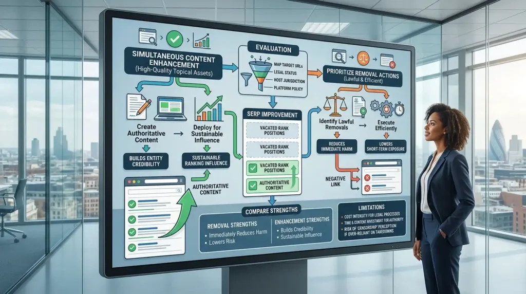 Which approach minimises legal and reputational risk while maximising SERP improvement