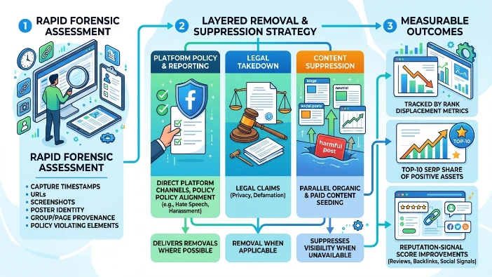 Which reputation management approach delivers measurable removal and suppression of harmful Facebook posts