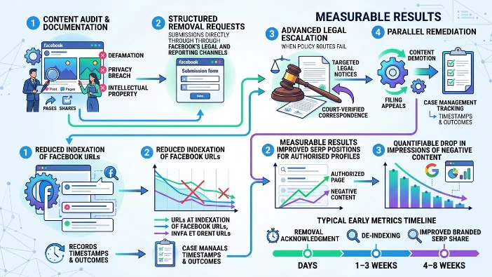 Which reputation management approach delivers measurable results for Facebook removals