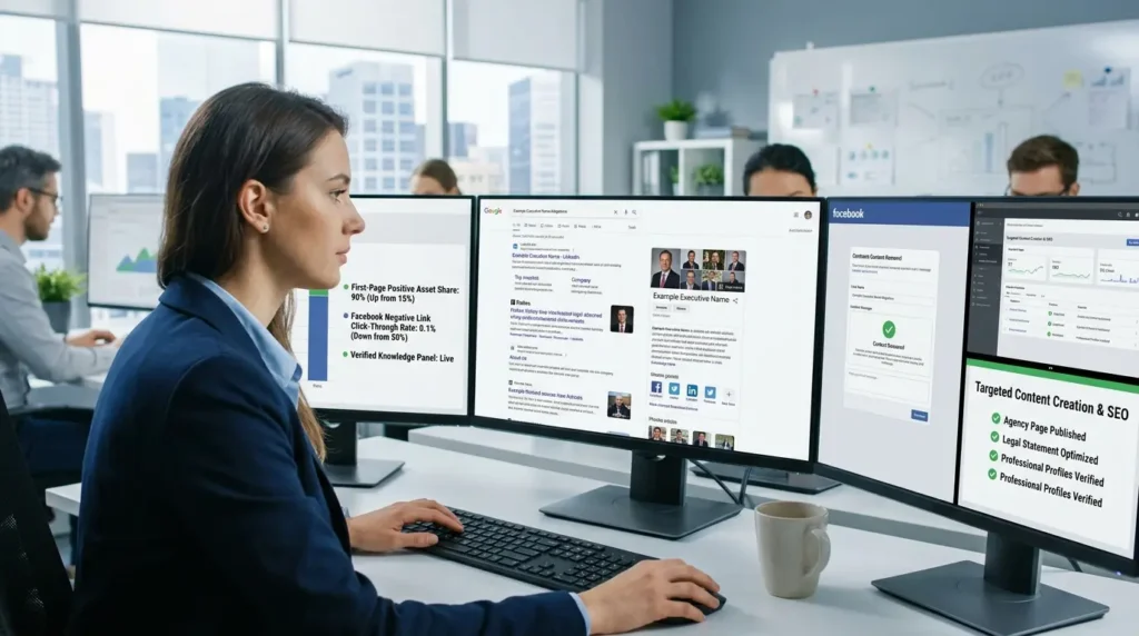 Which reputation management approach ensures sustained SERP control after removal?