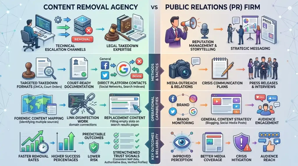 Which specialist capabilities justify choosing a content removal agency over a PR firm