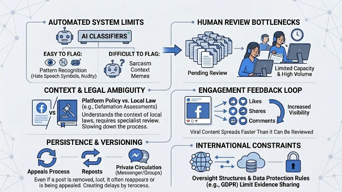 Why are Facebook posts difficult to remove even when they clearly violate rules