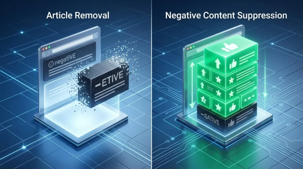 How Does Article Removal Compare with Negative Content Suppression?