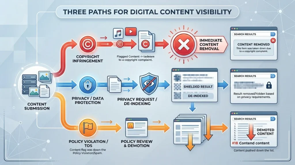 How do copyright, privacy, and policy grounds affect search visibility differently?