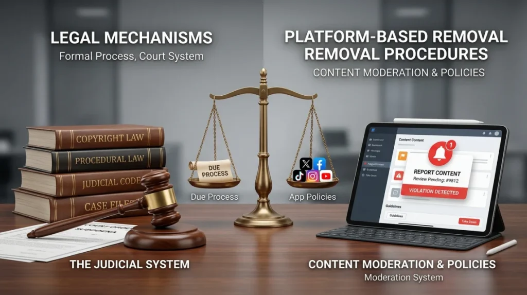 How do legal mechanisms compare with platform based removal procedures?
