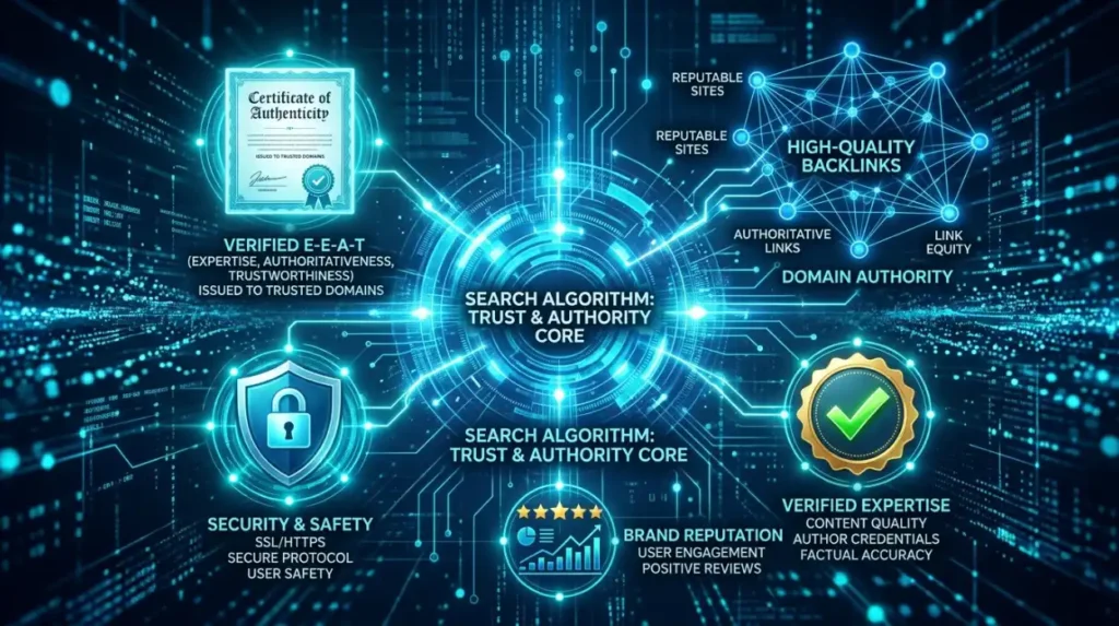 How do search engines evaluate authority and trust signals?