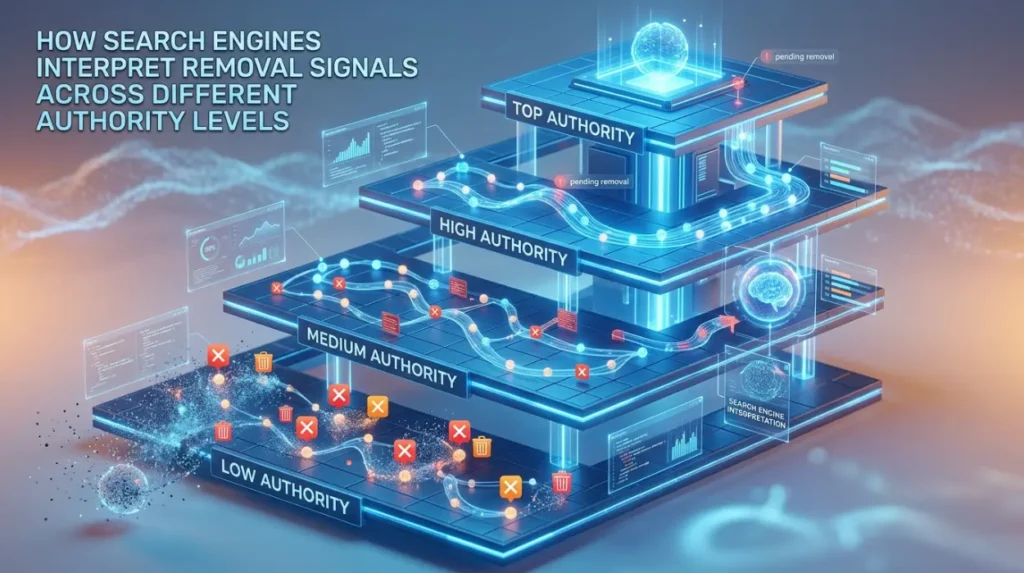 How do search engines interpret removal signals across different authority levels?