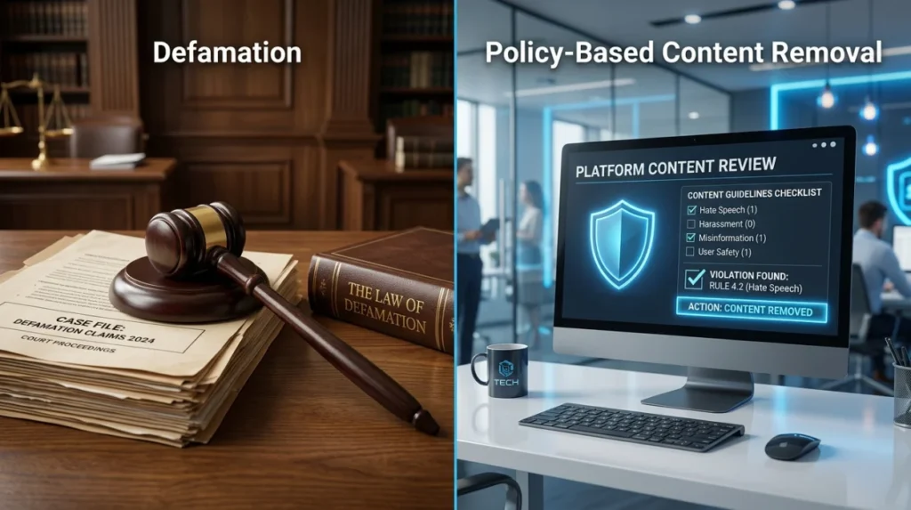 How does defamation differ from policy based content removal?