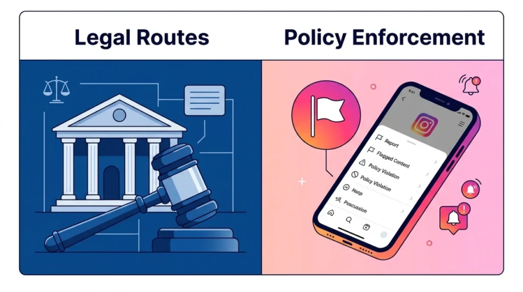 What is the difference between legal removal routes and platform policy enforcement?