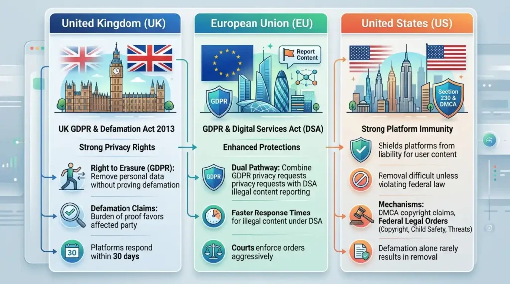 What legal differences exist between UK, EU, and US jurisdictions for content removal