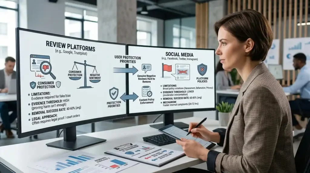 What limitations exist for removing harmful content from review platforms versus social media
