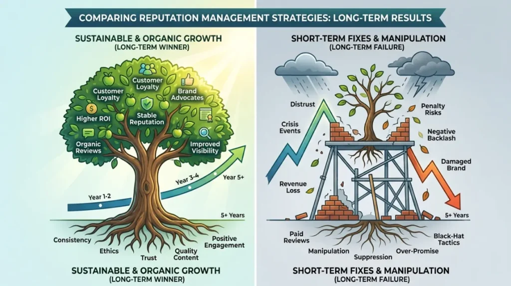 Which Reputation Management Strategy Produces Better Long-Term Results?