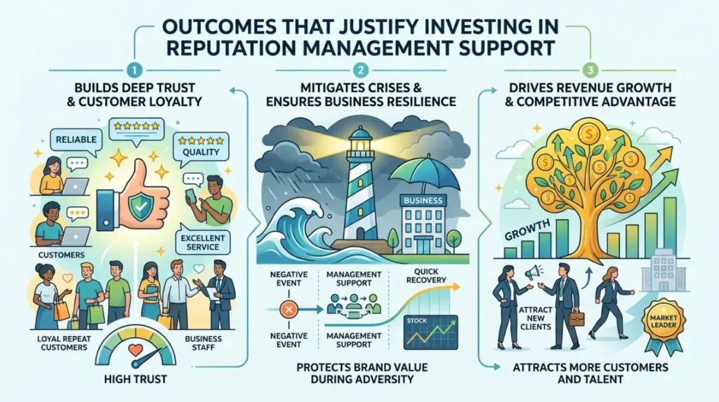 Which outcomes justify investing in reputation management support?