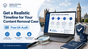 Professional content removal workflow with UK-themed visuals and clear timeline dashboard