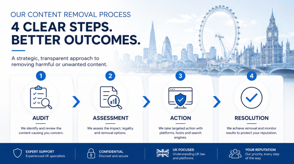 Step-by-step infographic showing the content removal process in the UK
