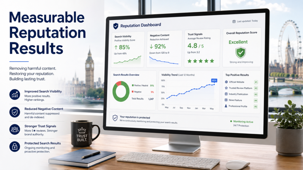 Dashboard highlighting measurable outcomes and trust restoration from content removal