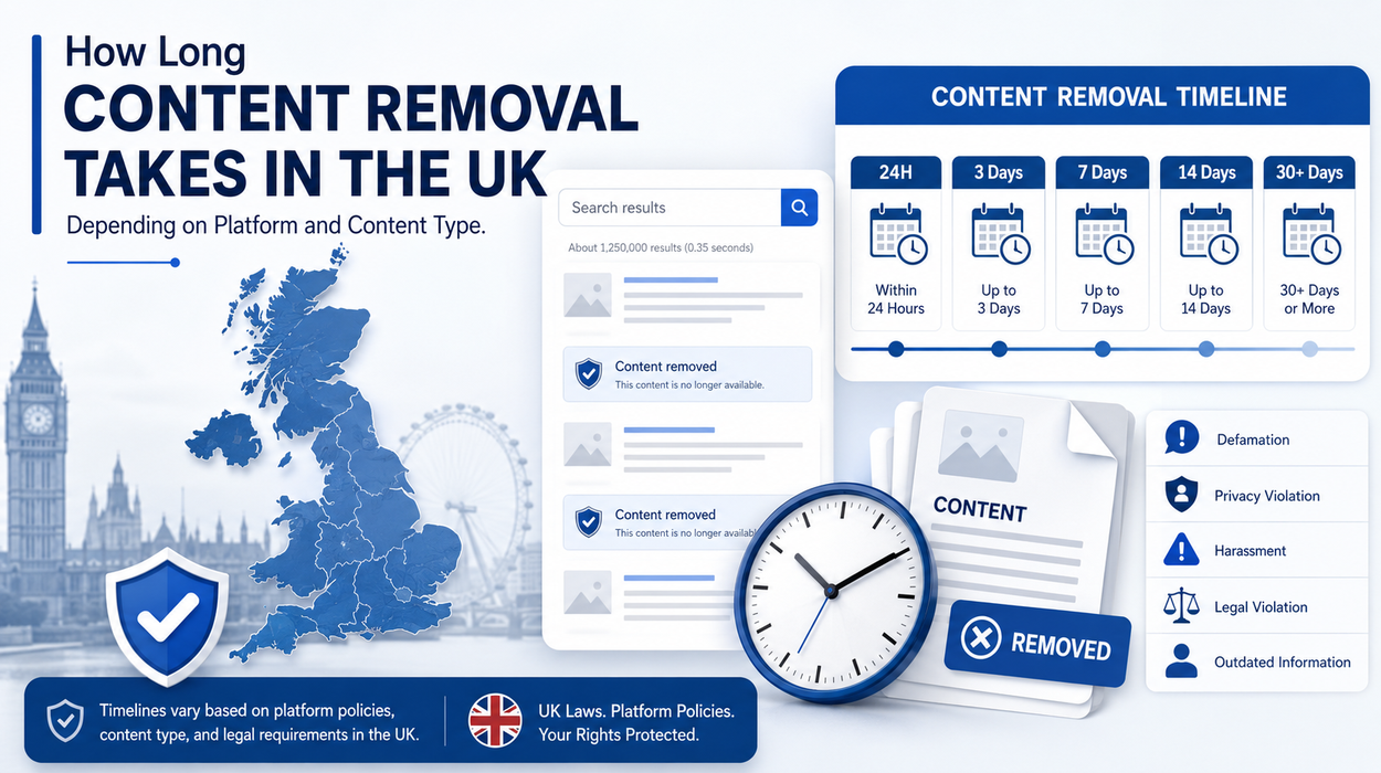 Illustration of UK content removal timelines showing a search results panel, a UK map, a clock, and document moderation icons.