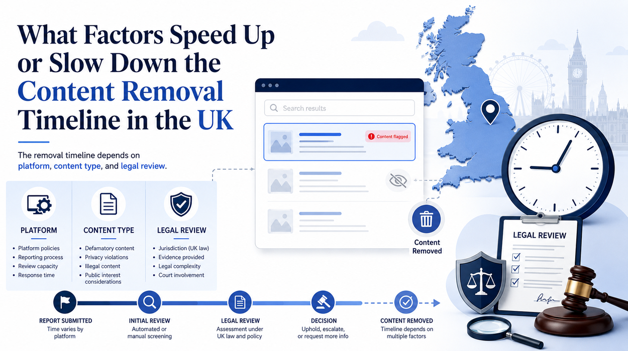 UK content removal featured infographic showing a search results interface, clock, calendar, legal and moderation icons, representing timelines and factors affecting removal speed.