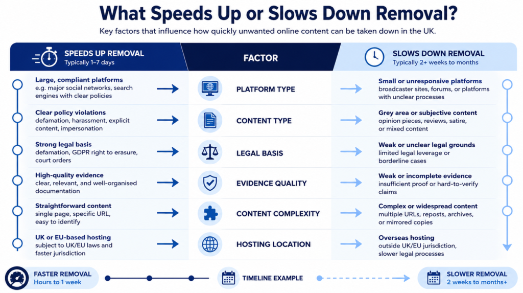 Infographic showing key factors that speed up or slow down content removal in the UK, including platform type, content type, legal review, and hosting location.