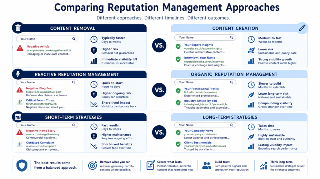 Comparison chart of reputation management approaches including content removal, content creation, reactive vs organic management, and short-term vs long-term strategies in the UK.