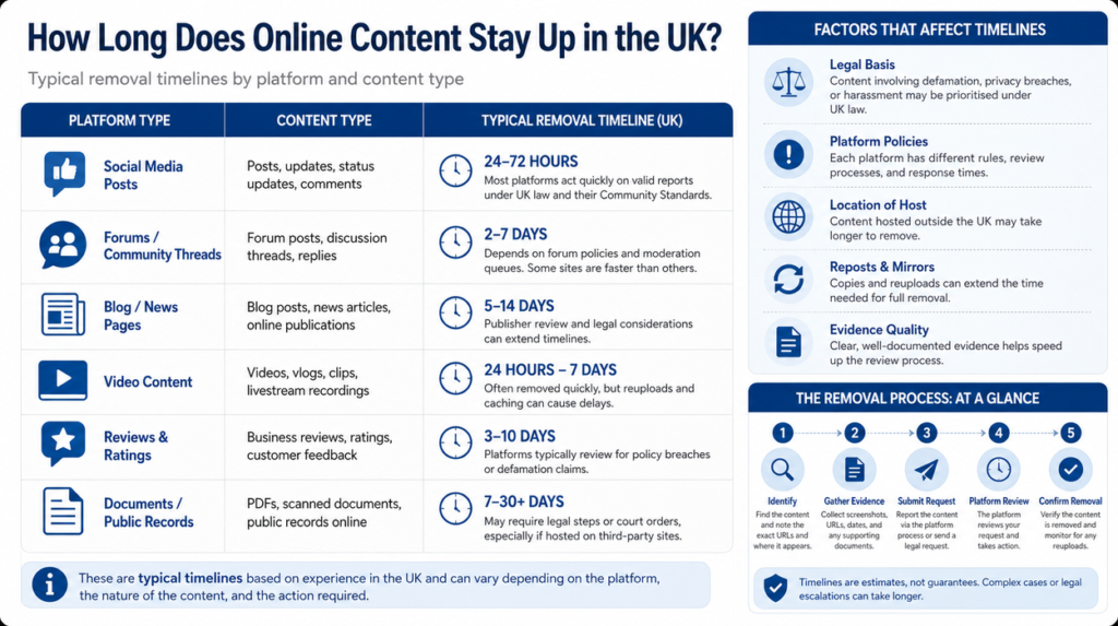 Infographic comparing content removal timelines by platform and content type in the UK, with social media, forums, blogs, video, reviews, and documents.