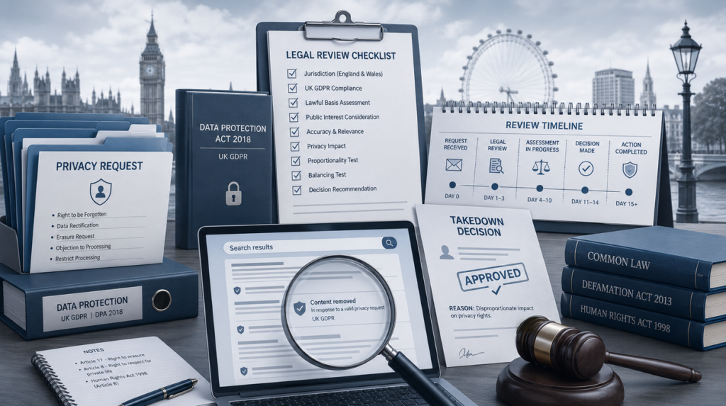 Conceptual illustration of UK legal and privacy review workflow for content removal, showing GDPR documents, checklists, gavel, and timeline.