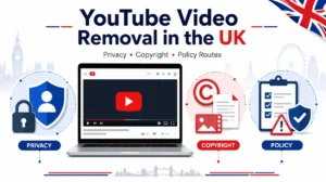 YouTube video removal in the UK showing privacy, copyright and policy routes with legal and reputation review symbols.