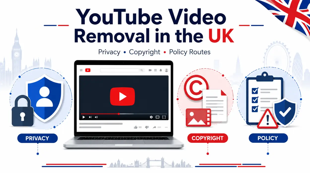 YouTube video removal in the UK showing privacy, copyright and policy routes with legal and reputation review symbols.