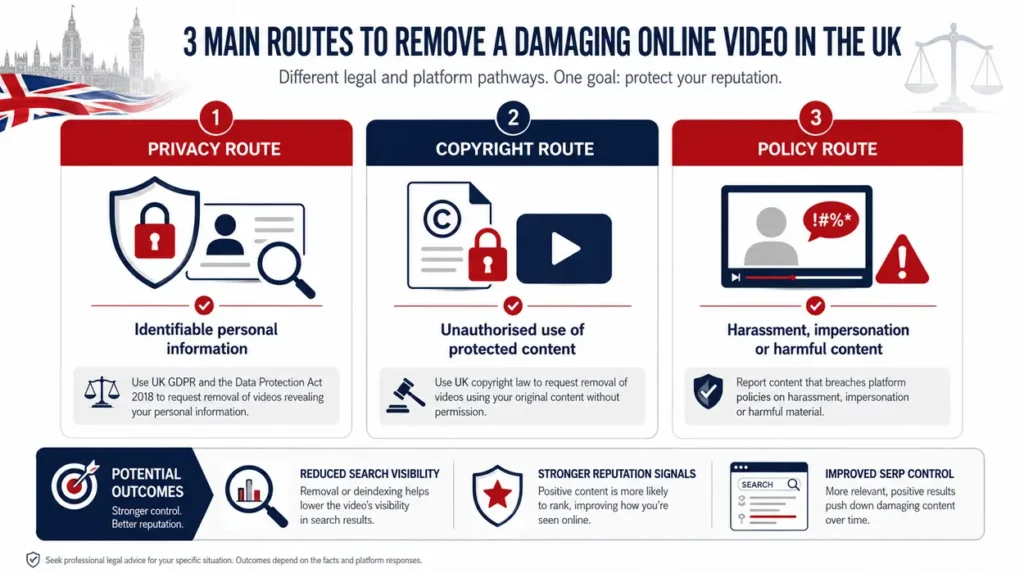 Three routes to remove a damaging online video in the UK showing privacy, copyright and policy options with reputation outcomes.