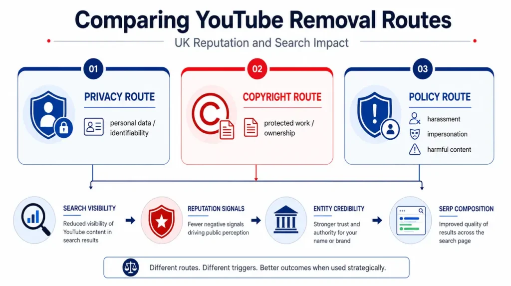 Comparison of YouTube removal routes in the UK showing privacy, copyright and policy routes affecting search visibility and reputation signals.
