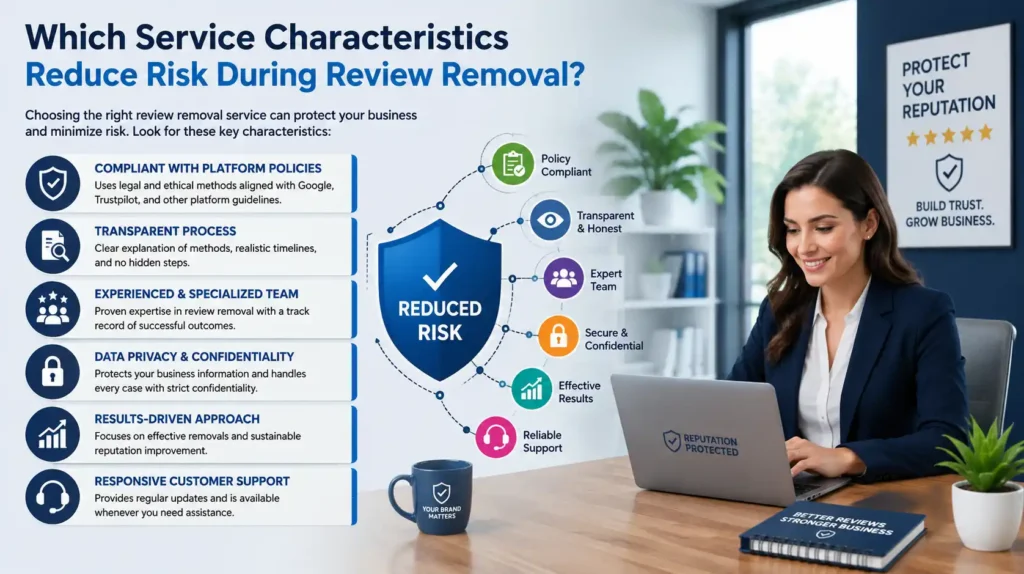 Which service characteristics reduce risk during review removal?