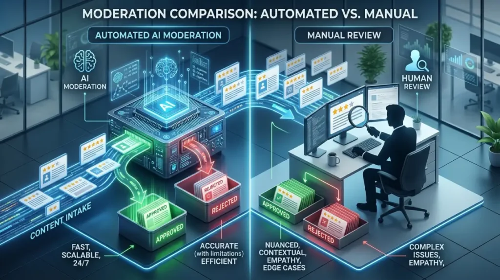 How are automated and manual moderation approaches compared?